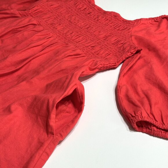 Isabel Maternity Smocked Dress Linen Blend Stretch Coral Red Peasant Milkmaid - Picture 8 of 14